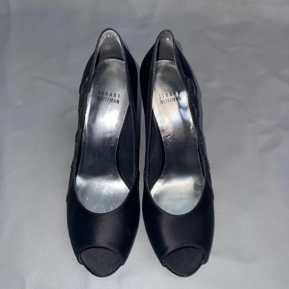 Stuart Weitzman Black Satin Peep Toe Pumps Glitter Lattice Heels Made in Spain 7